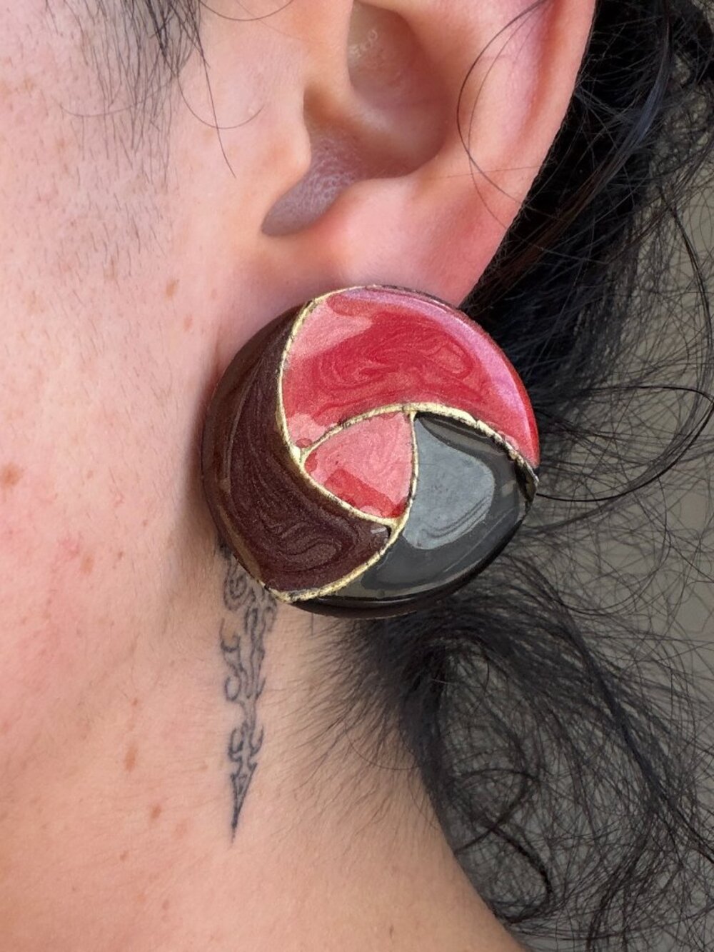 vintage gold black red and brown stud statement earrings round modern geometric